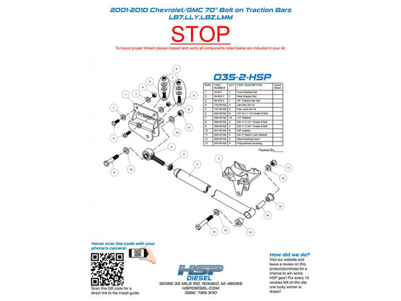 HSP 70 Bolt on Traction Bars, 3.5" Axle Diameter 2001-2010 Chevrolet / GMC 6.6L Duramax LB7 LLY LBZ LMM