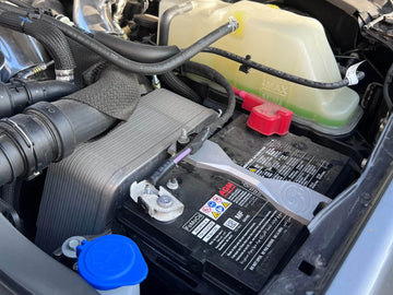 S&B Filters 72-1000 Billet Battery Hold-Down Brackets, 2011-2022 Ford 6.7L Powerstroke, Installed