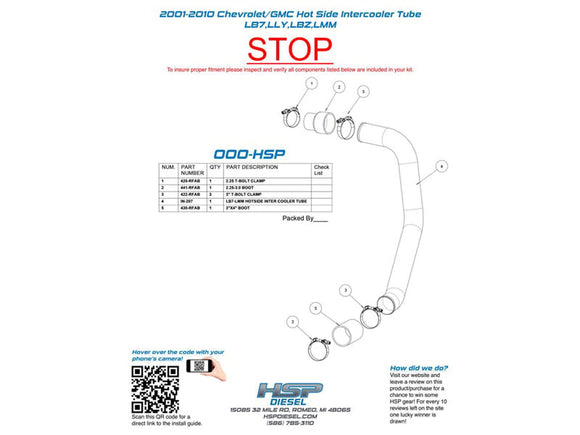 HSP Hot Side Intercooler Tube, 2001-2010 Chevrolet / GMC 6.6L Duramax, LB7 LLY LBZ LMM