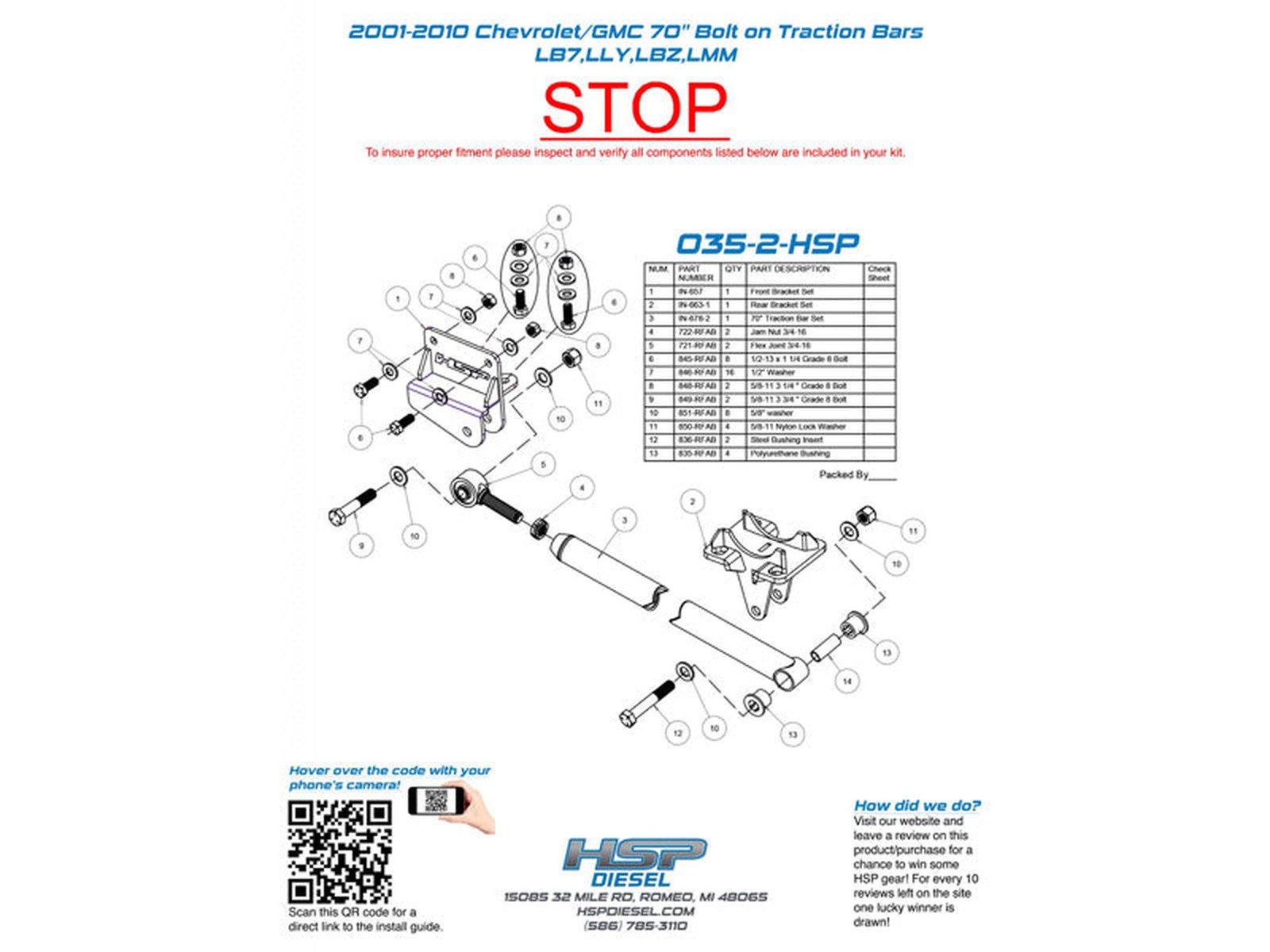 HSP 70 Bolt on Traction Bars, 3.5" Axle Diameter 2001-2010 Chevrolet / GMC 6.6L Duramax LB7 LLY LBZ LMM