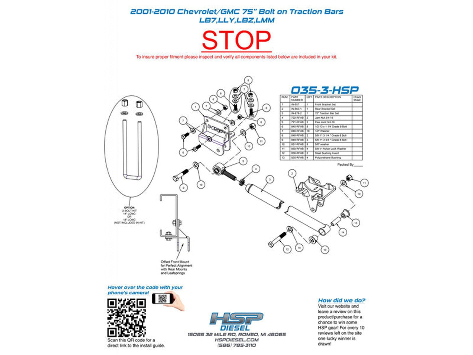 HSP 75" Bolt on Traction Bars, 3.5" Axle Diameter 2001-2010 Chevrolet / GMC 6.6L Duramax LB7 LLY LBZ LMM