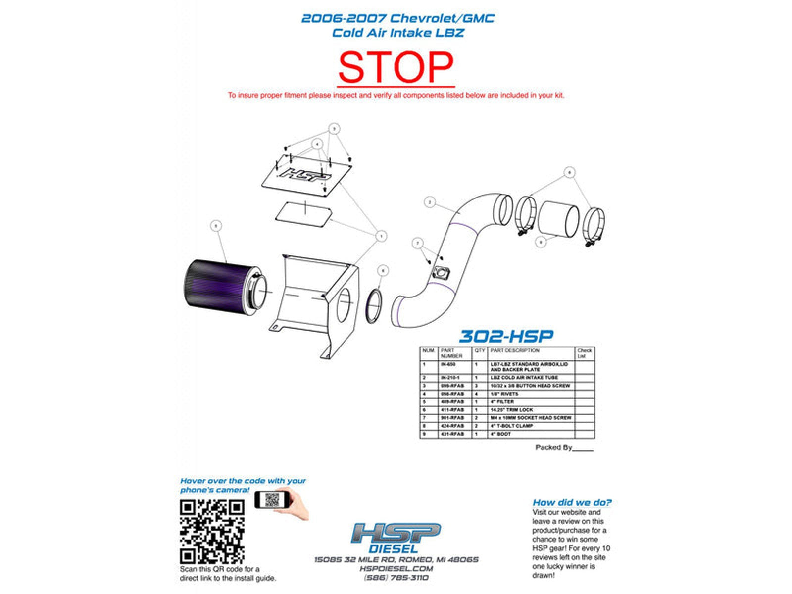 HSP Cold Air Intake Bundle, 2006-2007 Chevrolet / GMC 6.6L Duramax LBZ